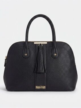 Kenneth Cole Reaction Black Pebbled VeganLeather Tassel Satchel with Gold Accent